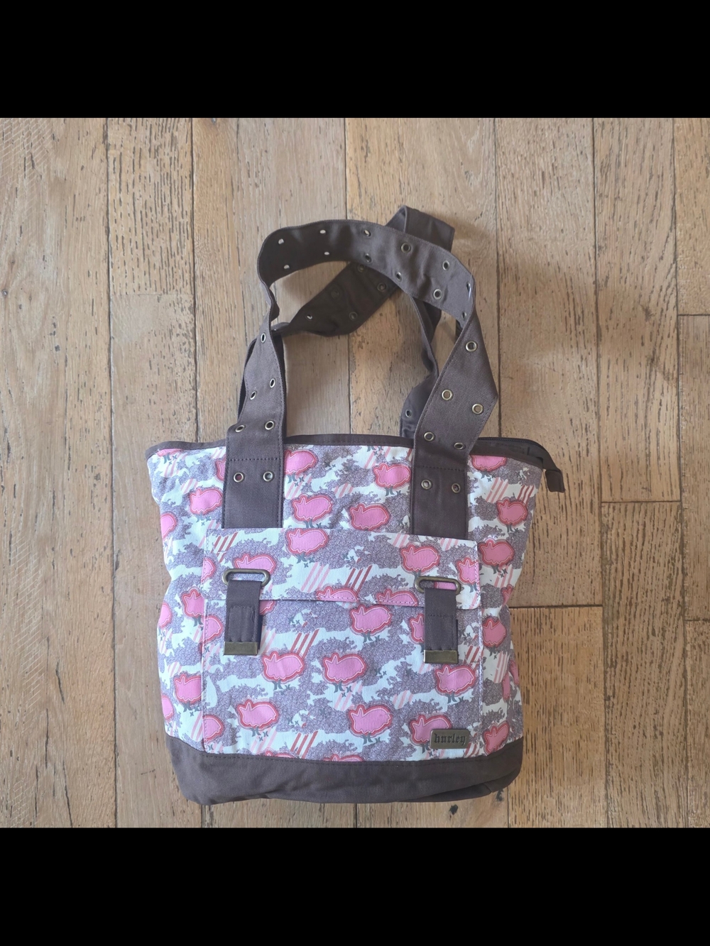 2000's Vintage Hurley Pink Bunny Canvas Tote skate surf coquette